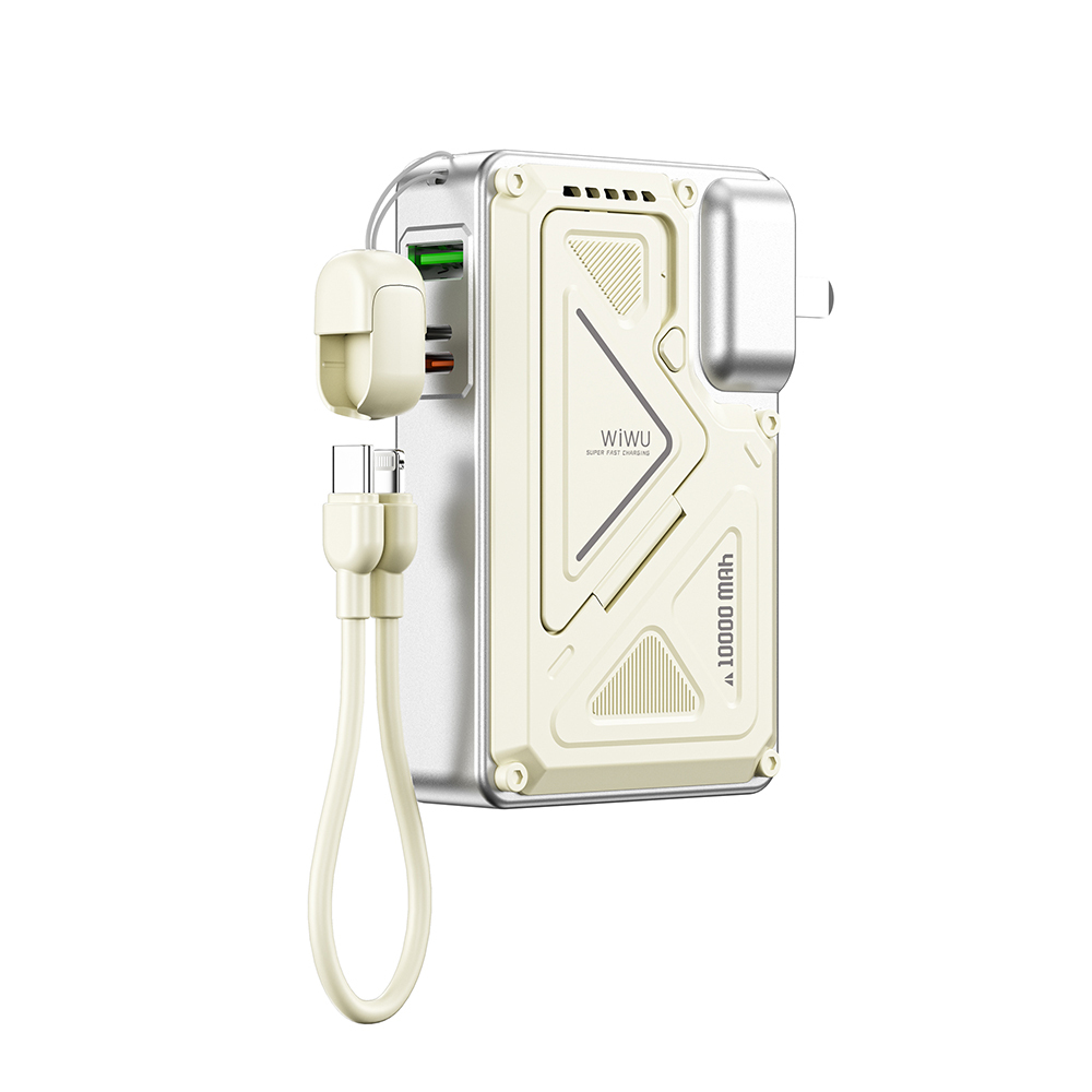 Wiwu Wi-P057 Knight Serisi Taşınabilir Wireless Type-C ve Lightning Kablolu Standlı PD Powerbank 35W 10000mAh BEYAZ