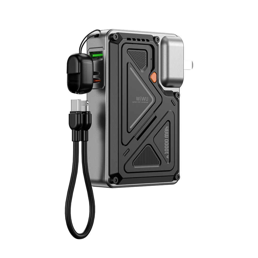 Wiwu Wi-P057 Knight Serisi Taşınabilir Wireless Type-C ve Lightning Kablolu Standlı PD Powerbank 35W 10000mAh SİYAH