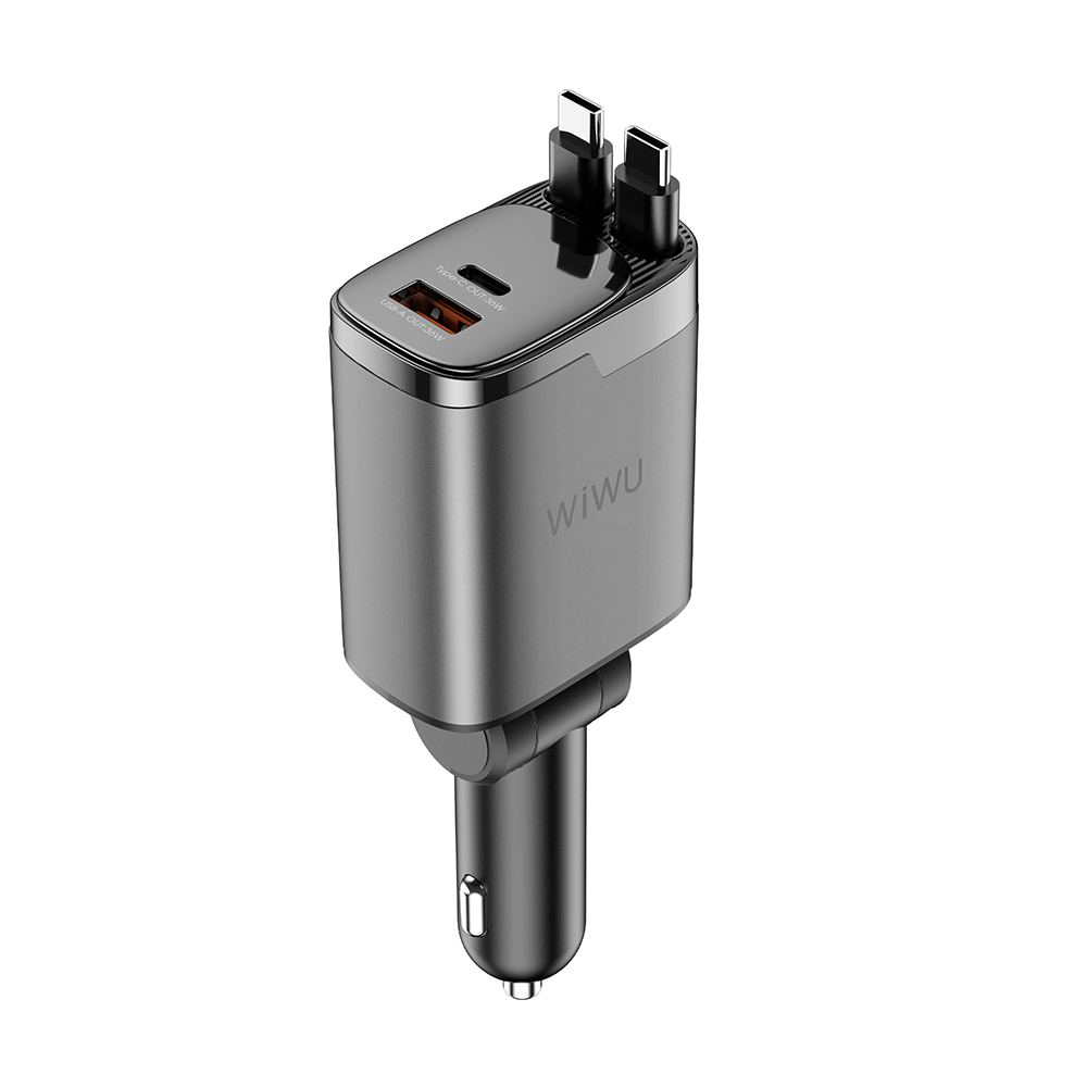 Wiwu Wi-CC034 Type-C + USB-A Hızlı Şarj Özellikli GaN Teknolojili Dahili Kablolu Araç Şarj Aleti 111W