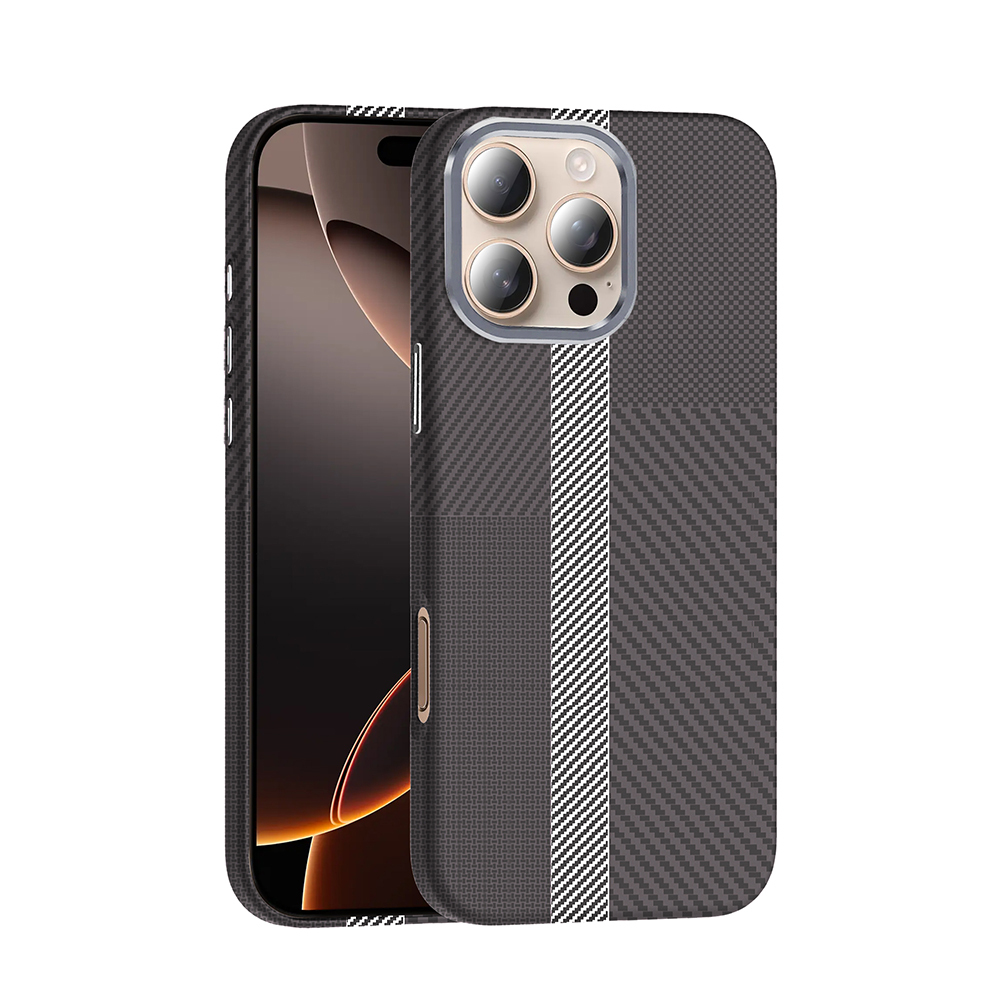 Apple iPhone 16 Pro Kılıf M-safe Şarj Özellikli Karbon Fiber Görünümlü Zore Gros Kapak - Gri- Siyah