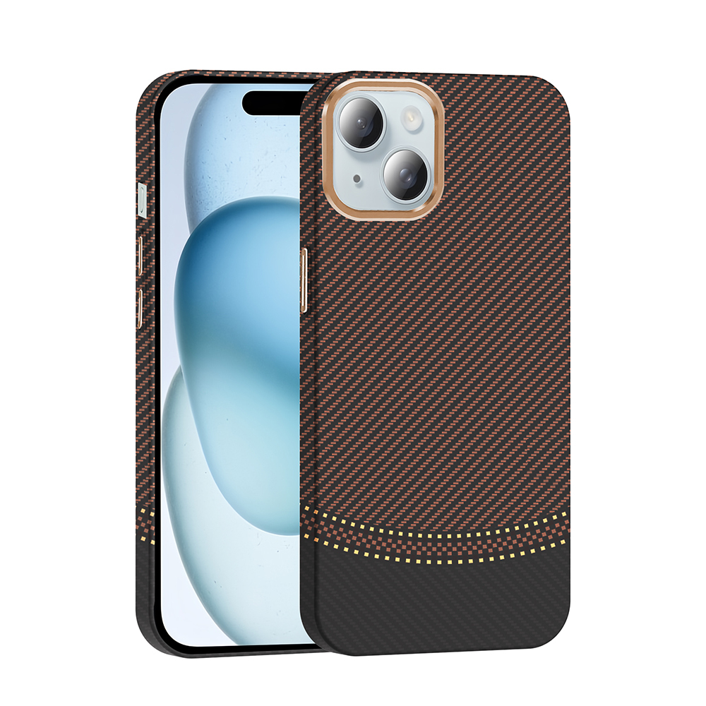 Apple iPhone 15 Kılıf M-safe Şarj Özellikli Karbon Fiber Görünümlü Zore Gros Kapak - Gold/Siyah