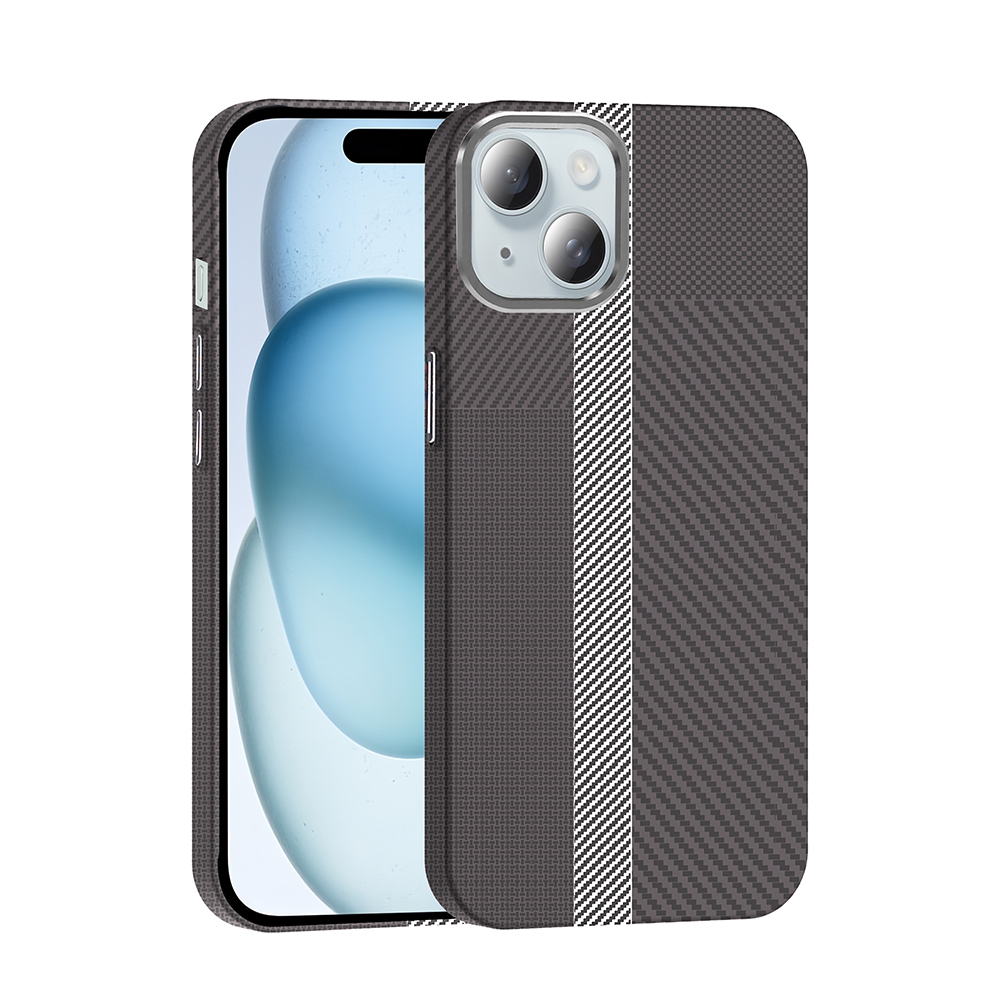  \'Apple iPhone 15 Kılıf M-safe Şarj Özellikli Karbon Fiber Görünümlü Zore Gros Kapak - Gri / Siyah