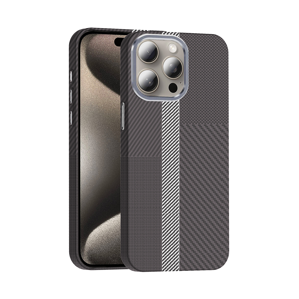 Apple iPhone 15 Pro Max Kılıf M-safe Şarj Özellikli Karbon Fiber Görünümlü Zore Gros Kapak - Gri/ Siyah