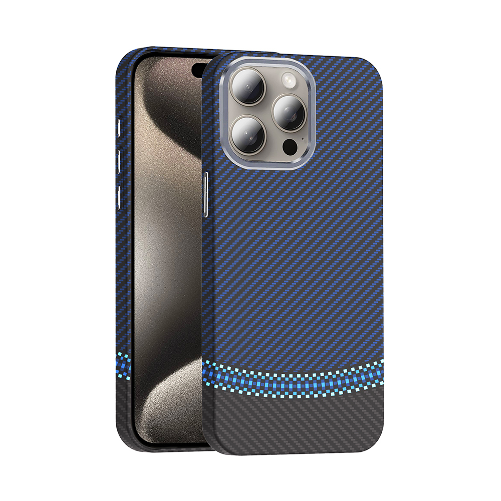 Apple iPhone 15 Pro Max Kılıf M-safe Şarj Özellikli Karbon Fiber Görünümlü Zore Gros Kapak - Lacivert/Siyah