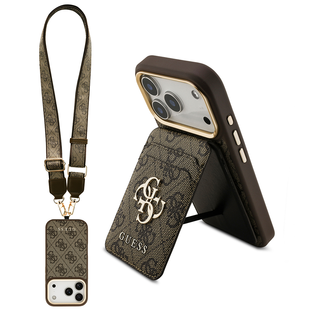 Apple iPhone 17 Pro Kılıf Guess Orjinal Lisanslı M-safe Şarj Özellikli Askılı ve 4G Logo Kartlıklı Kapak - KAHVERENGİ