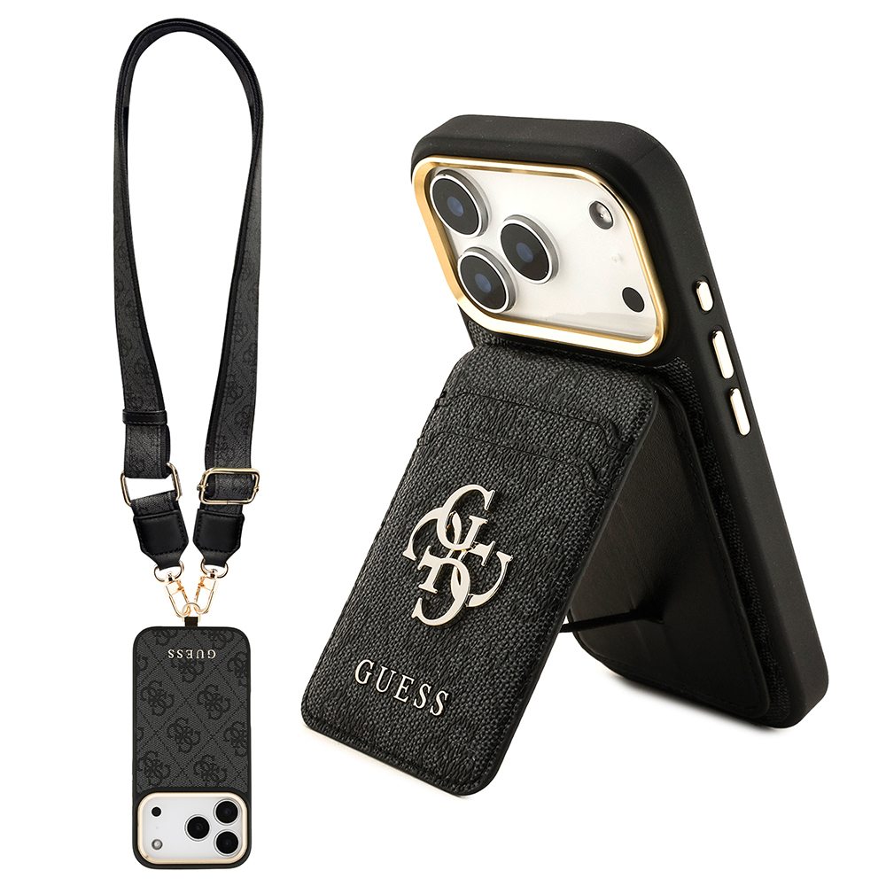 Apple iPhone 17 Pro Kılıf Guess Orjinal Lisanslı M-safe Şarj Özellikli Askılı ve 4G Logo Kartlıklı Kapak - SİYAH