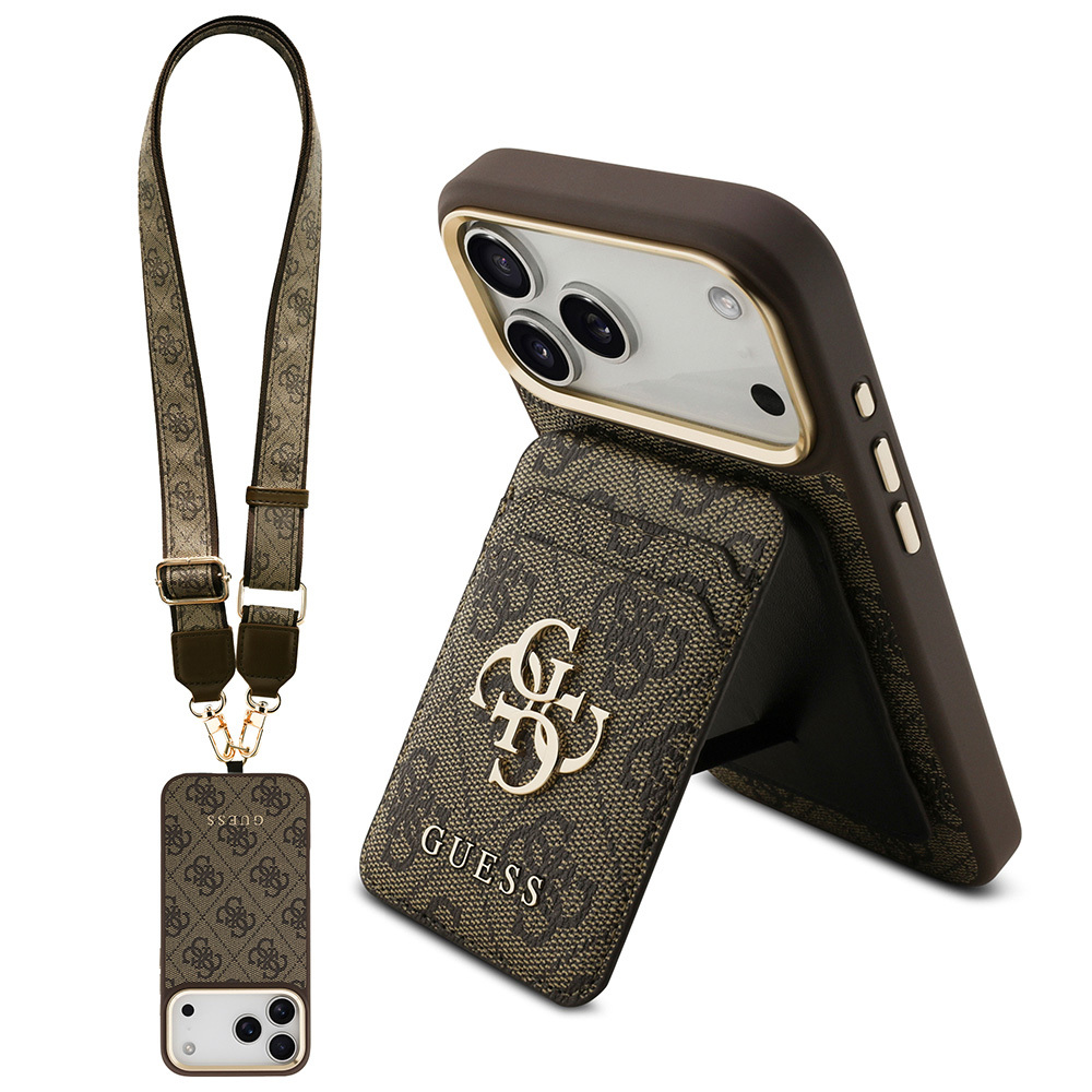 Apple iPhone 17 Pro Max Kılıf Guess Orjinal Lisanslı M-safe Şarj Özellikli Askılı ve 4G Logo Kartlıklı Kapak- KAHVERENGİ