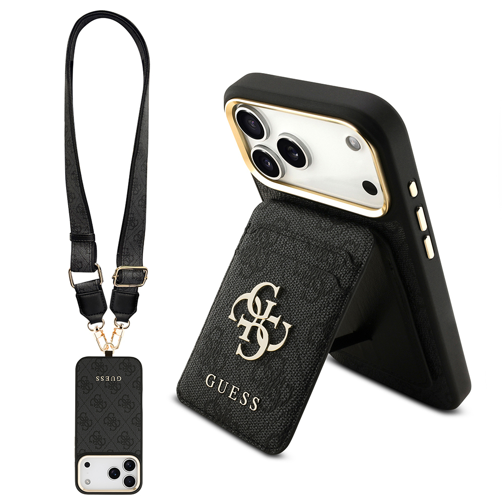 Apple iPhone 17 Pro Max Kılıf Guess Orjinal Lisanslı M-safe Şarj Özellikli Askılı ve 4G Logo Kartlıklı Kapak- SİYAH