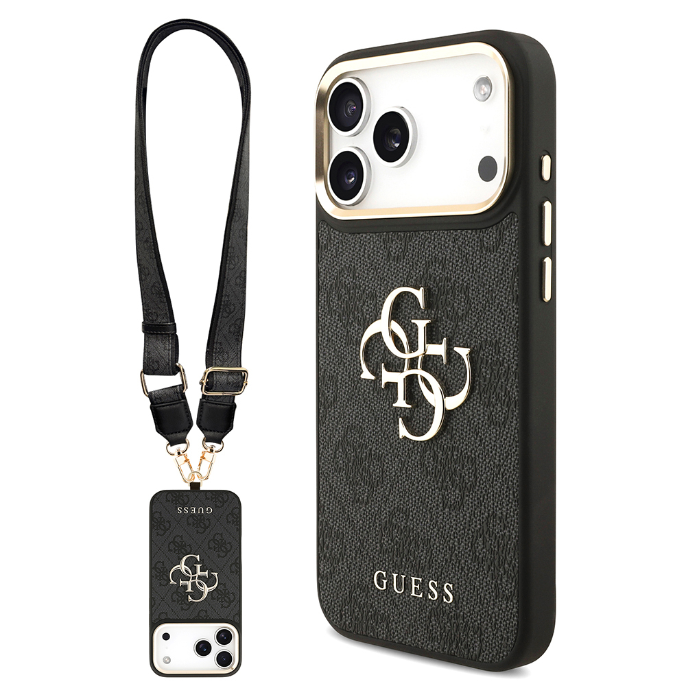 Apple iPhone 17 Pro Max Kılıf Guess Orjinal Lisanslı 4G Büyük Metal Logolu Kalın Askılı Kapak - SİYAH