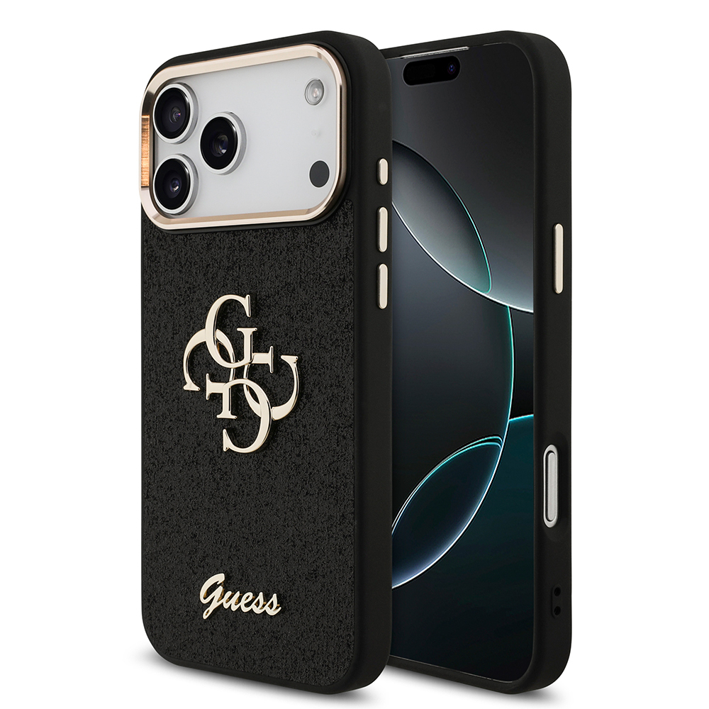 Apple iPhone 17 Pro Kılıf Guess Orjinal Lisanslı 4G Büyük Metal Kamera Çerçeveli ve Logolu Glitter Kapak - SİYAH