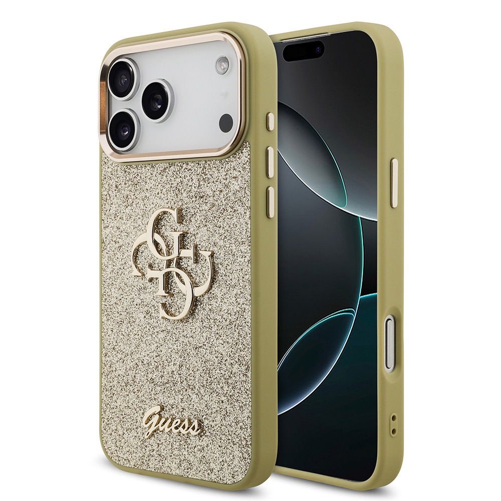 Apple iPhone 17 Pro Max Kılıf Guess Orjinal Lisanslı 4G Büyük Metal Kamera Çerçeveli ve Logolu Glitter Kapak - GOLD