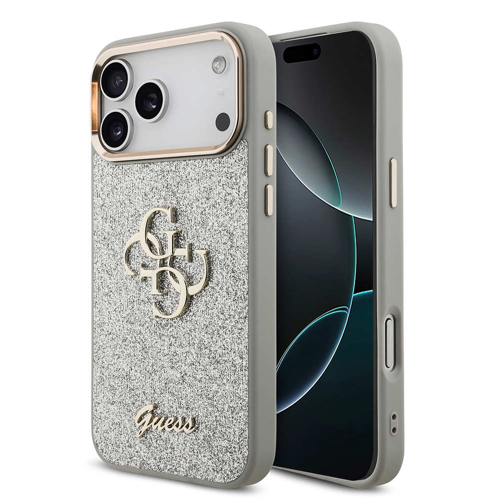 Apple iPhone 17 Pro Max Kılıf Guess Orjinal Lisanslı 4G Büyük Metal Kamera Çerçeveli ve Logolu Glitter Kapak - GRİ