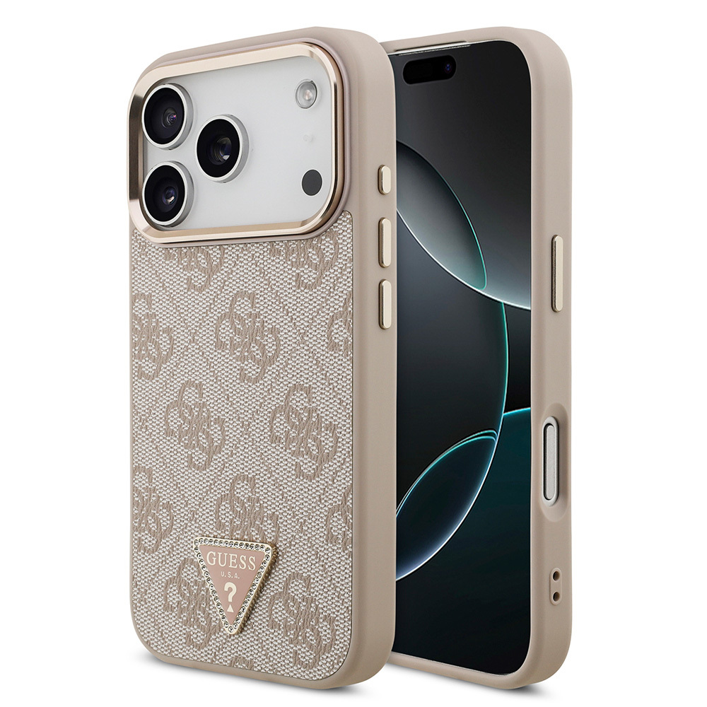 Apple iPhone 17 Pro Kılıf Guess Orjinal Lisanslı M-safe Şarj Özellikli Gold Metal Kamera Çerçeveli Taşlı Üçgen Logo 4G Desenli Kapak - PEMBE