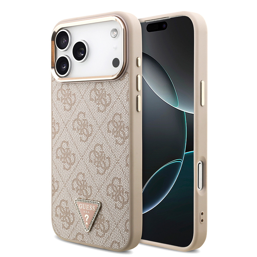  - PEMBE\'Apple iPhone 17 Pro Max Kılıf Guess Orjinal Lisanslı M-safe Şarj Özellikli Taşlı Üçgen Logo 4G Desenli Kapak - PEMBE