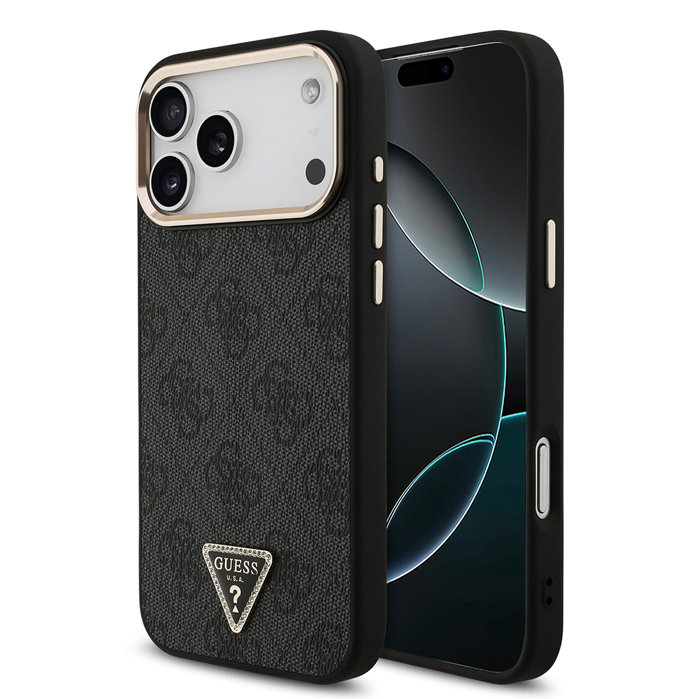 Apple iPhone 17 Pro Max Kılıf Guess Orjinal Lisanslı M-safe Şarj Özellikli Taşlı Üçgen Logo 4G Desenli Kapak - SİYAH