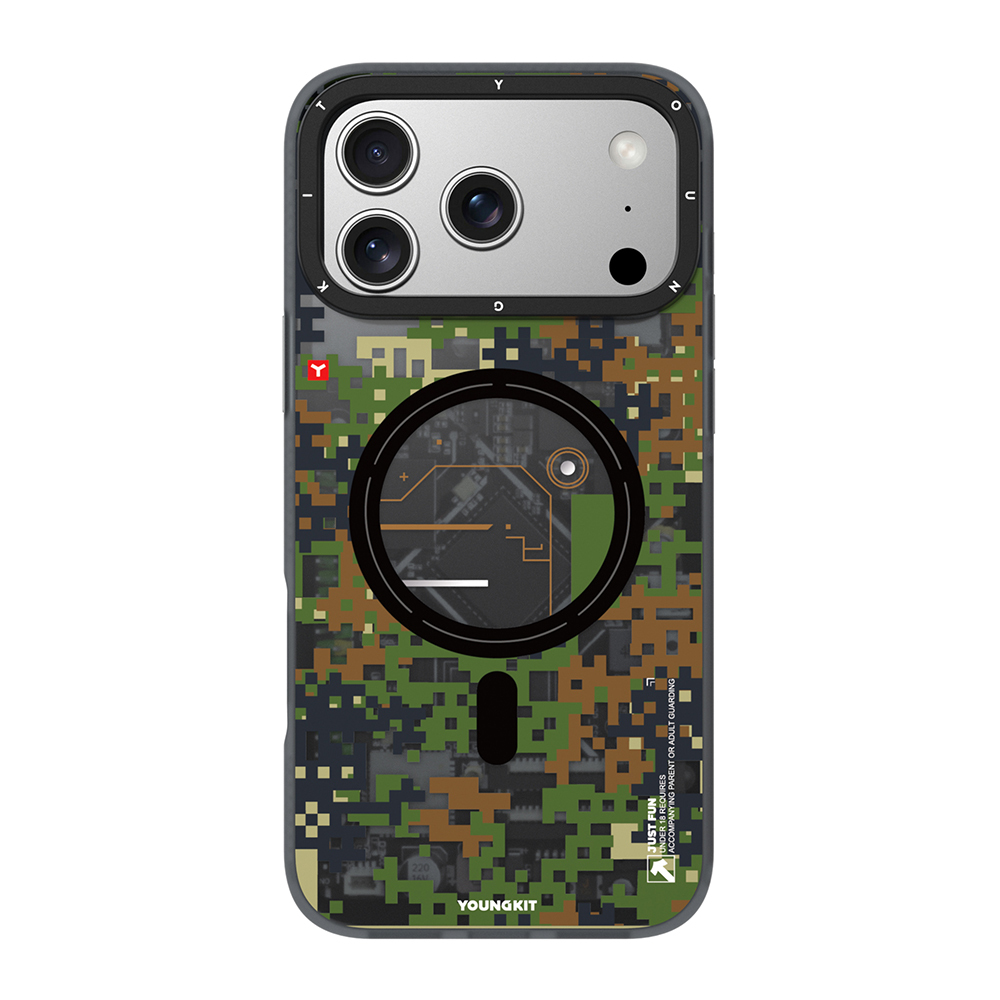 Apple iPhone 17 Pro Kılıf M-Safe Şarj Özellikli Youngkit Camouflage Sykell Serisi Kapak - YEŞİL