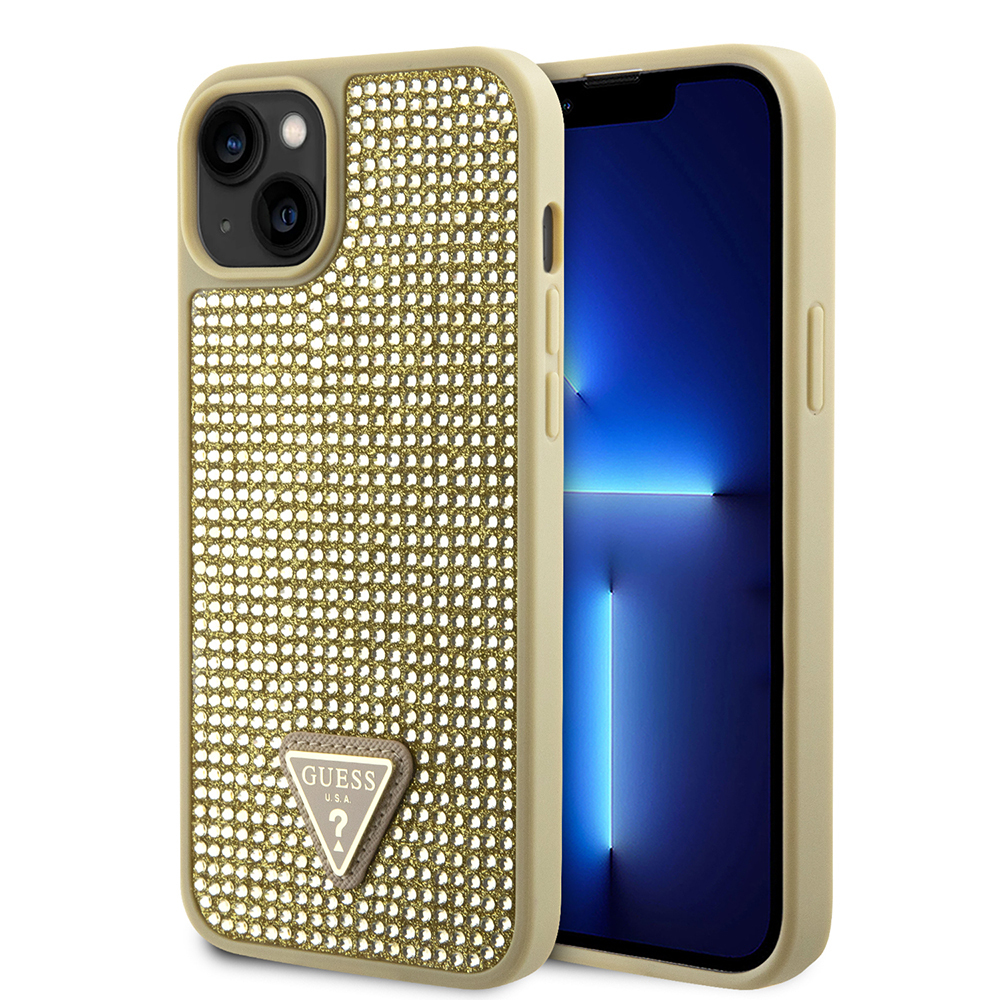 Apple iPhone 14 Kılıf Guess Orjinal Lisanslı Taşlı Arka Yüzey Üçgen Logolu Kapak GOLD