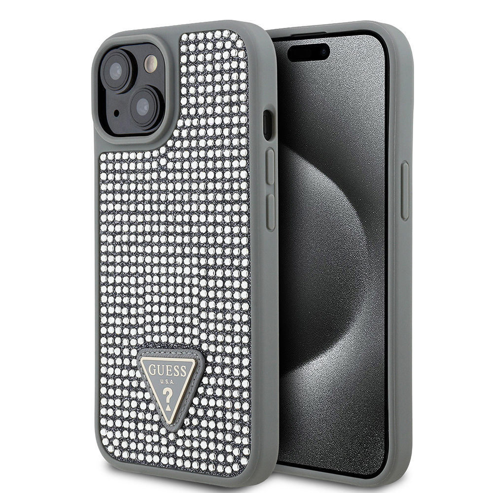Apple iPhone 14 Kılıf Guess Orjinal Lisanslı Taşlı Arka Yüzey Üçgen Logolu Kapak GÜMÜŞ