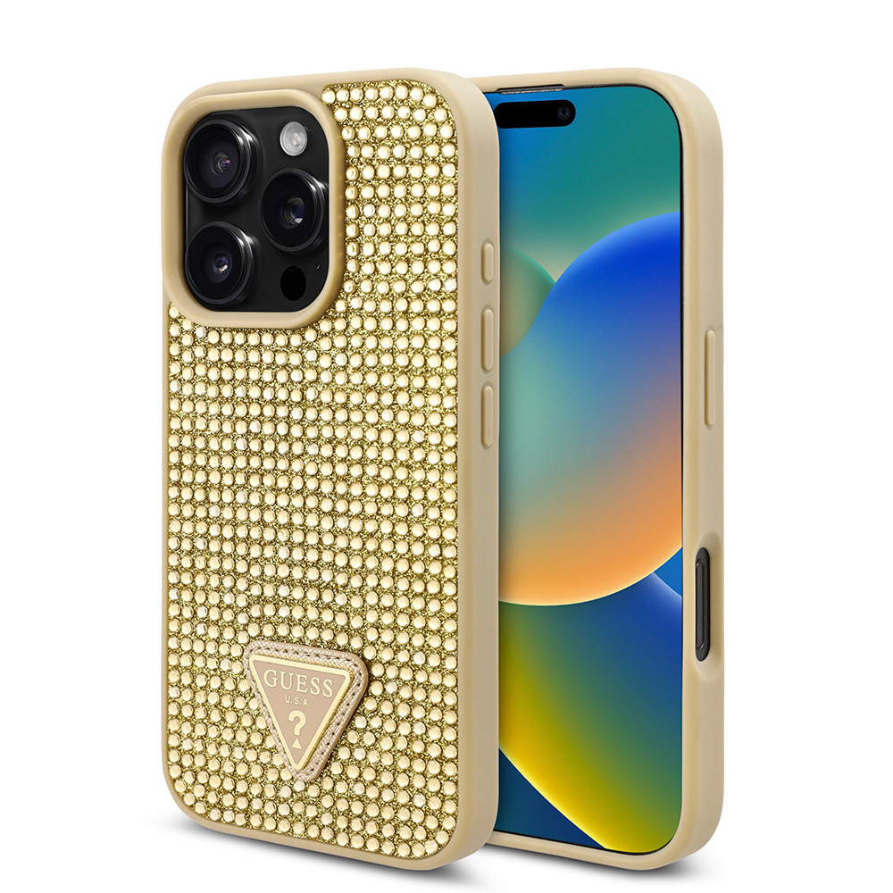 Apple iPhone 16 Pro Max Kılıf Guess Orjinal Lisanslı Taşlı Arka Yüzey Üçgen Logolu Kapak GOLD