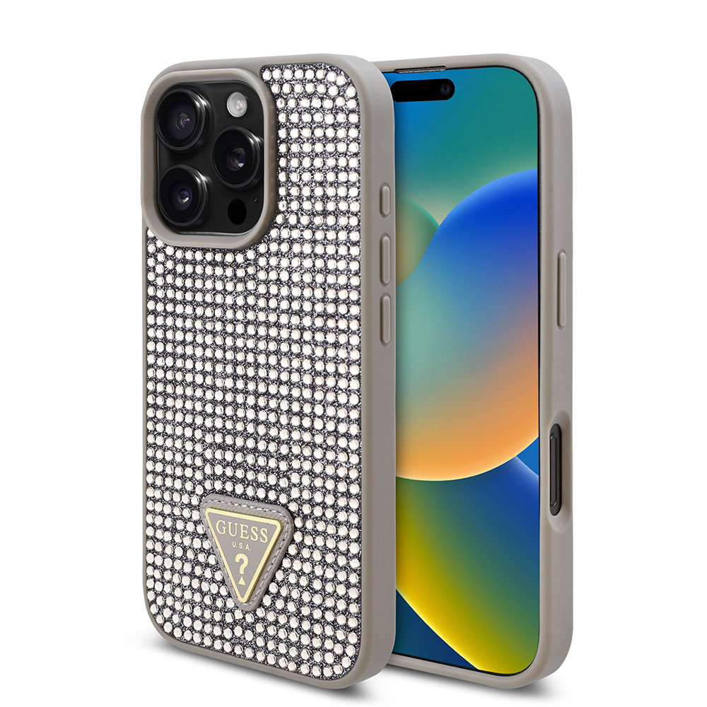 Apple iPhone 16 Pro Max Kılıf Guess Orjinal Lisanslı Taşlı Arka Yüzey Üçgen Logolu Kapak GÜMÜŞ