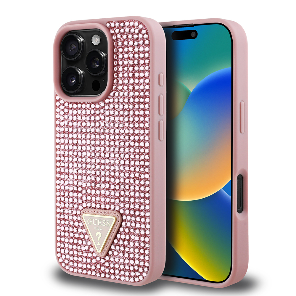 Apple iPhone 16 Pro Max Kılıf Guess Orjinal Lisanslı Taşlı Arka Yüzey Üçgen Logolu Kapak PEMBE