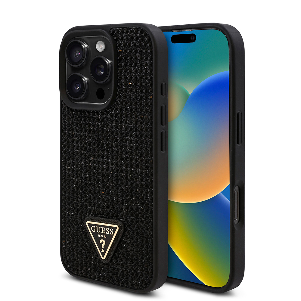Apple iPhone 16 Pro Max Kılıf Guess Orjinal Lisanslı Taşlı Arka Yüzey Üçgen Logolu Kapak SİYAH