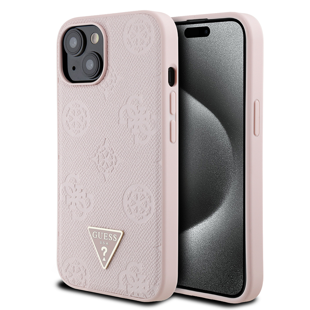 Apple iPhone 15 Kılıf Guess Orjinal Lisanslı M-safe Şarj Özellikli Sıcak Baskılı Üçgen Logolu PU Deri Peony Kapak