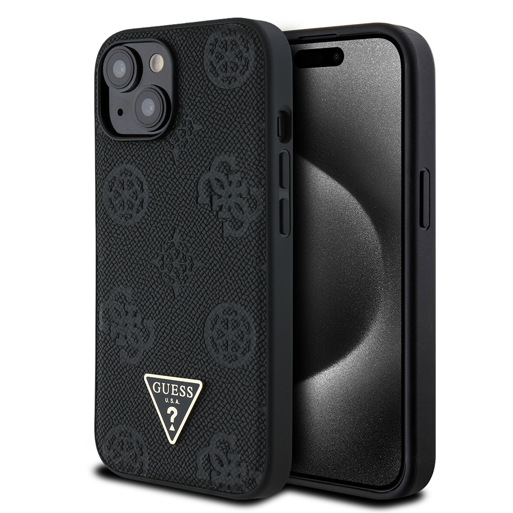 Apple iPhone 15 Kılıf Guess Orjinal Lisanslı M-safe Şarj Özellikli Sıcak Baskılı Üçgen Logolu PU Deri Peony Kapak