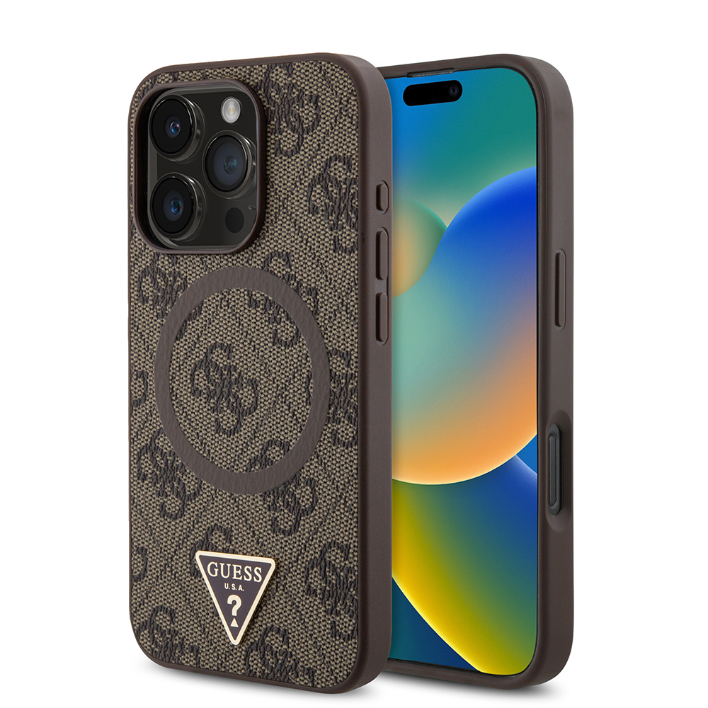 Apple iPhone 16 Pro Kılıf Guess Orjinal Lisanslı M-safe Şarj Özellikli PU Üçgen Logo 4G Desenli Kapak