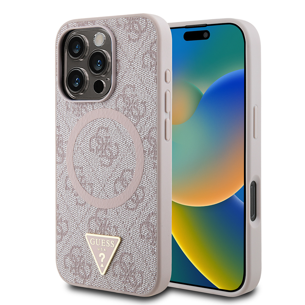 Apple iPhone 16 Pro Kılıf Guess Orjinal Lisanslı M-safe Şarj Özellikli PU Üçgen Logo 4G Desenli Kapak