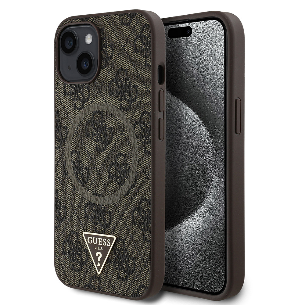 Apple iPhone 14 Kılıf Guess Orjinal Lisanslı M-safe Şarj Özellikli PU Üçgen Logo 4G Desenli Kapak