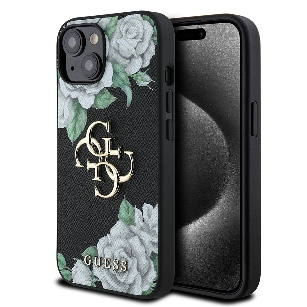 Apple iPhone 15 Kılıf Guess Orjinal Lisanslı Gül Baskılı Büyük Metal Logo Dizaynlı Kapak