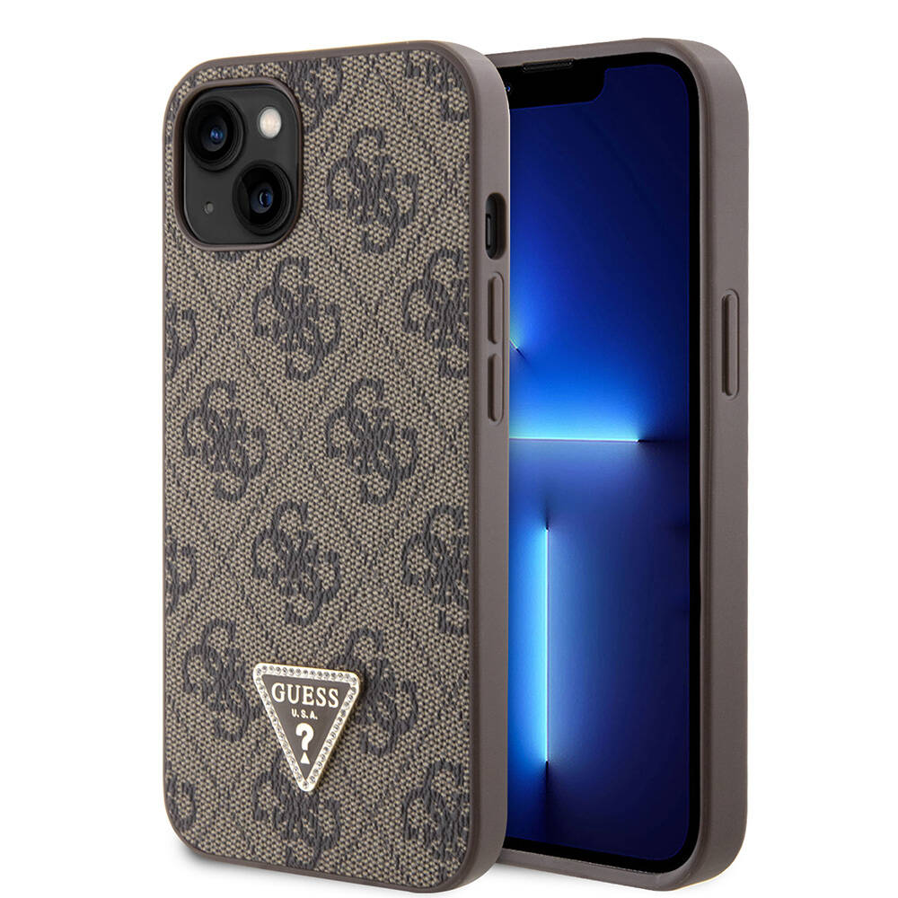 Apple iPhone 14 Kılıf Guess Orjinal Lisanslı PU Deri Taşlı Üçgen Logo 4G Desenli Kapak