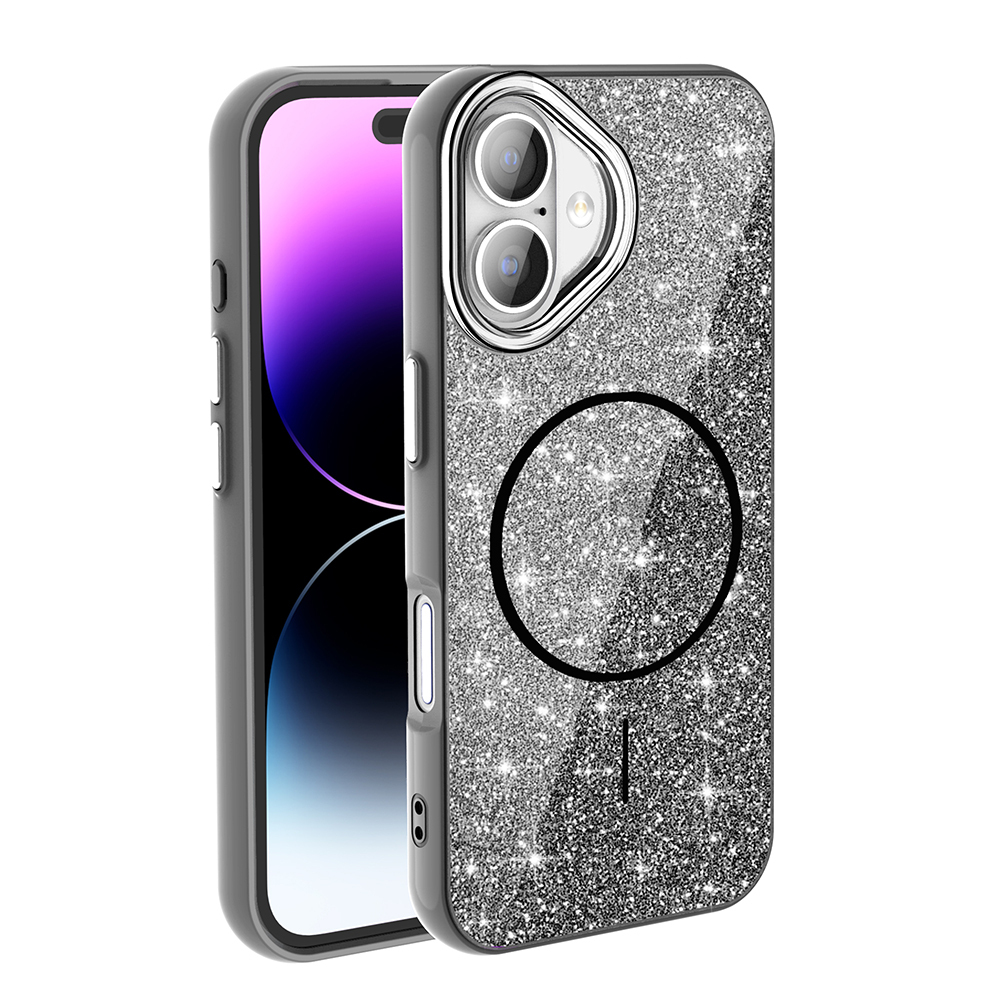 Apple iPhone 16 Kılıf M-safe Şarj Özellikli Parlayan Simli Zore Okso Kapak