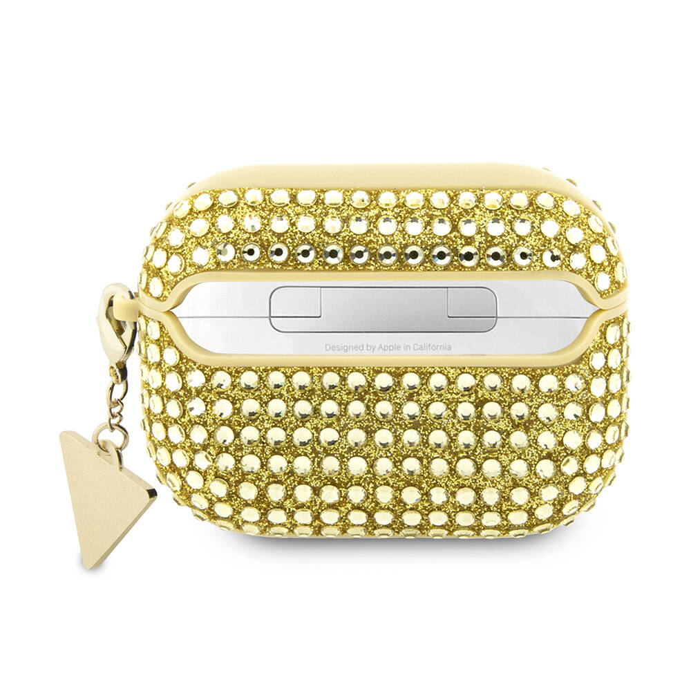 Apple Airpods Pro 2 Kılıf Guess Orjinal Lisanslı Parıltılı Taş Kaplamalı Üçgen Logo Süs Zincirli Kapak