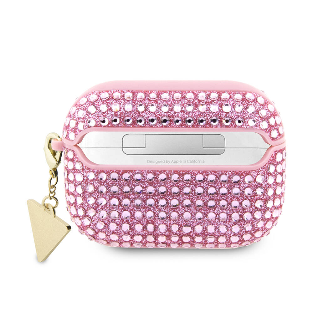 Apple Airpods Pro 2 Kılıf Guess Orjinal Lisanslı Parıltılı Taş Kaplamalı Üçgen Logo Süs Zincirli Kapak