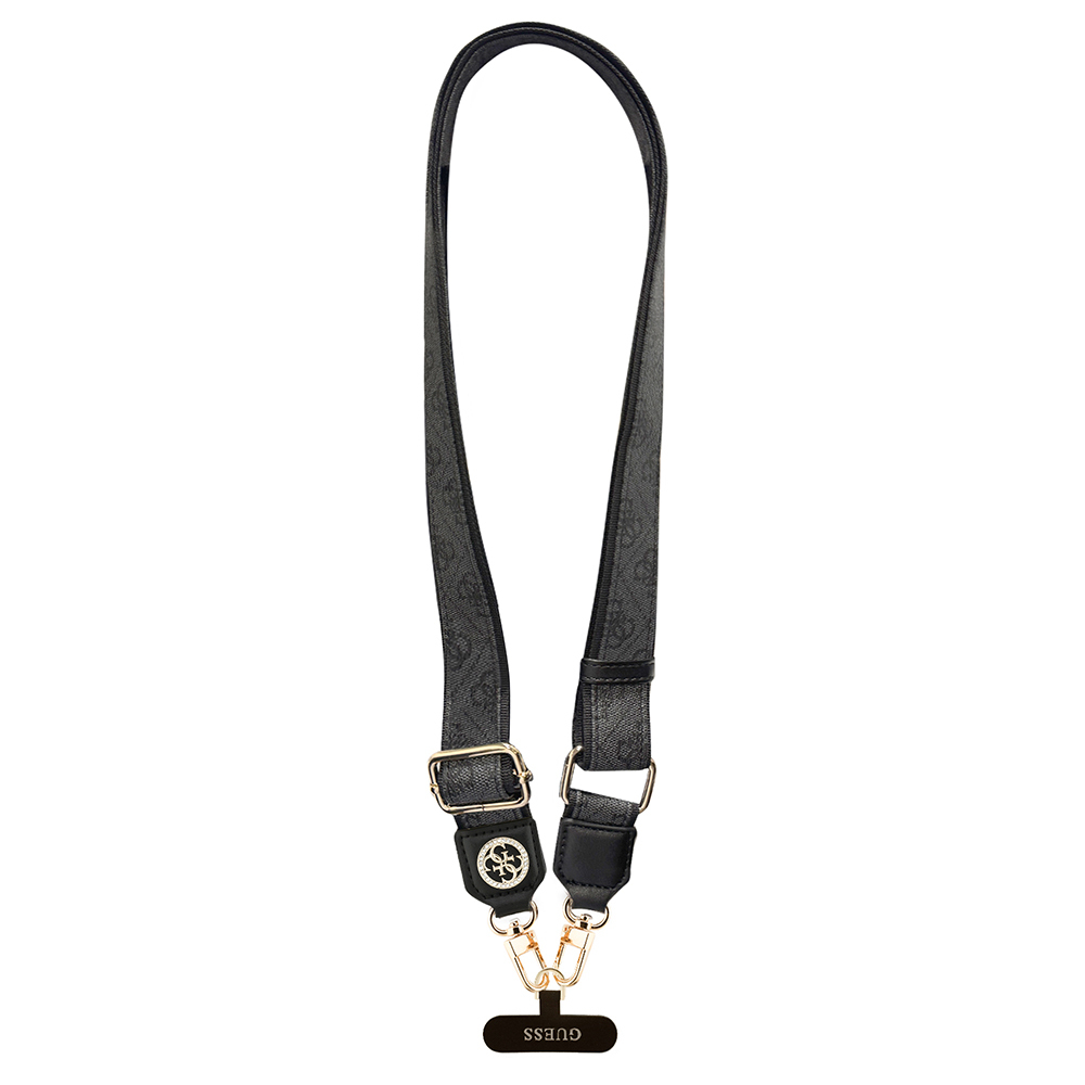 Guess Orjinal Lisanslı Taşlı 4G Metal Logolu Çapraz Vücut Telefon Askı Kayışı 150cm, Siyah