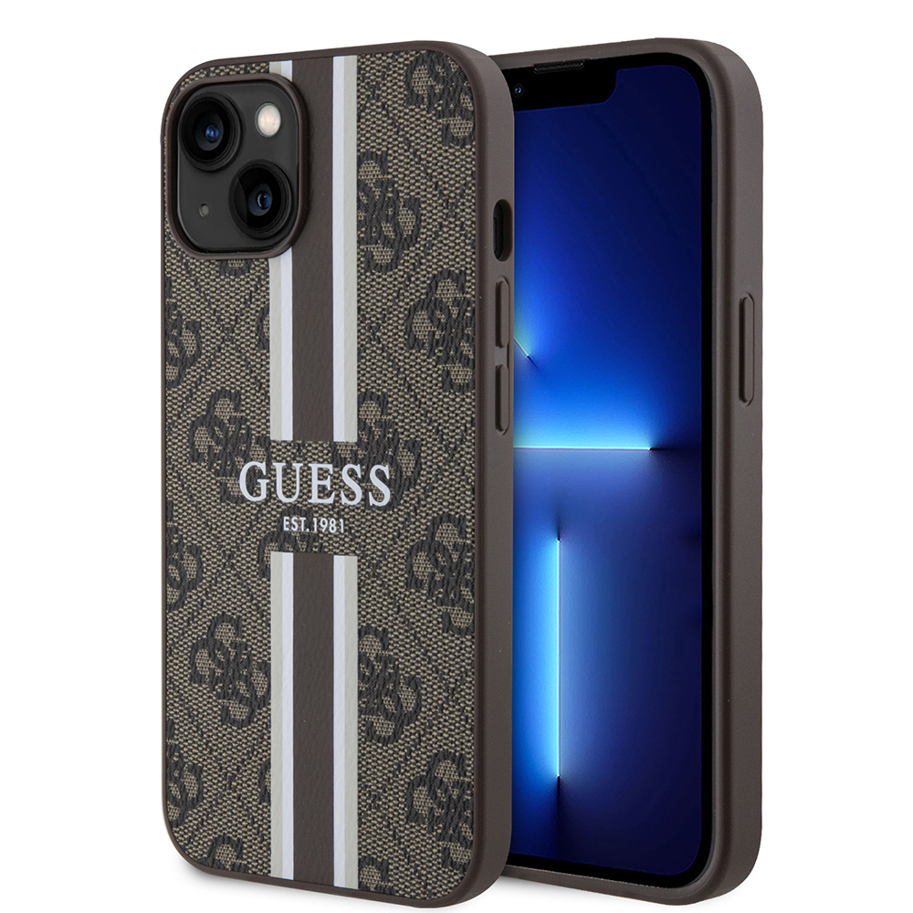 Apple iPhone 15 Kılıf Guess Orjinal Lisanslı M-safe Şarj Özellikli 4G Şerit Tasarımlı Printed Kapak Kahverengi