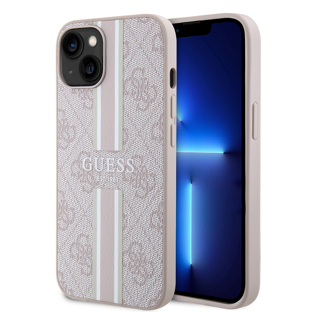 Apple iPhone 15 Kılıf Guess Orjinal Lisanslı M-safe Şarj Özellikli 4G Şerit Tasarımlı Printed Kapak Pembe
