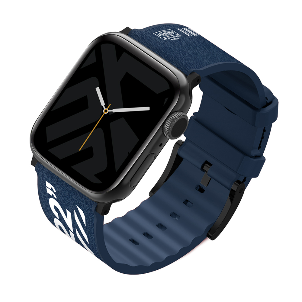 Apple Watch 7 45mm SkinArma Taihi Sora Yazı Desenli Deri Görünümlü Silikon Kordon Mavi