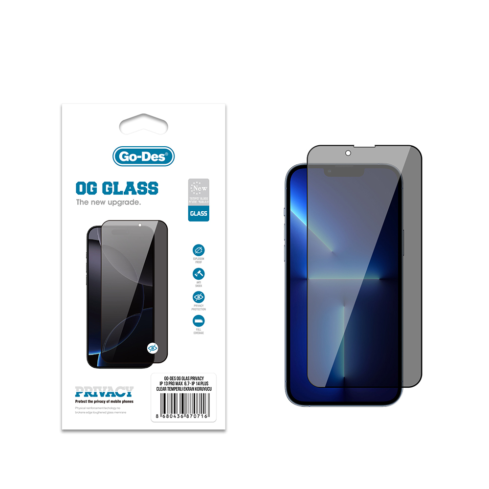 Apple iPhone 14 Plus / 13 Pro Go Des OG Glass Privacy Antistatik Temperli Cam Ekran Koruyucu