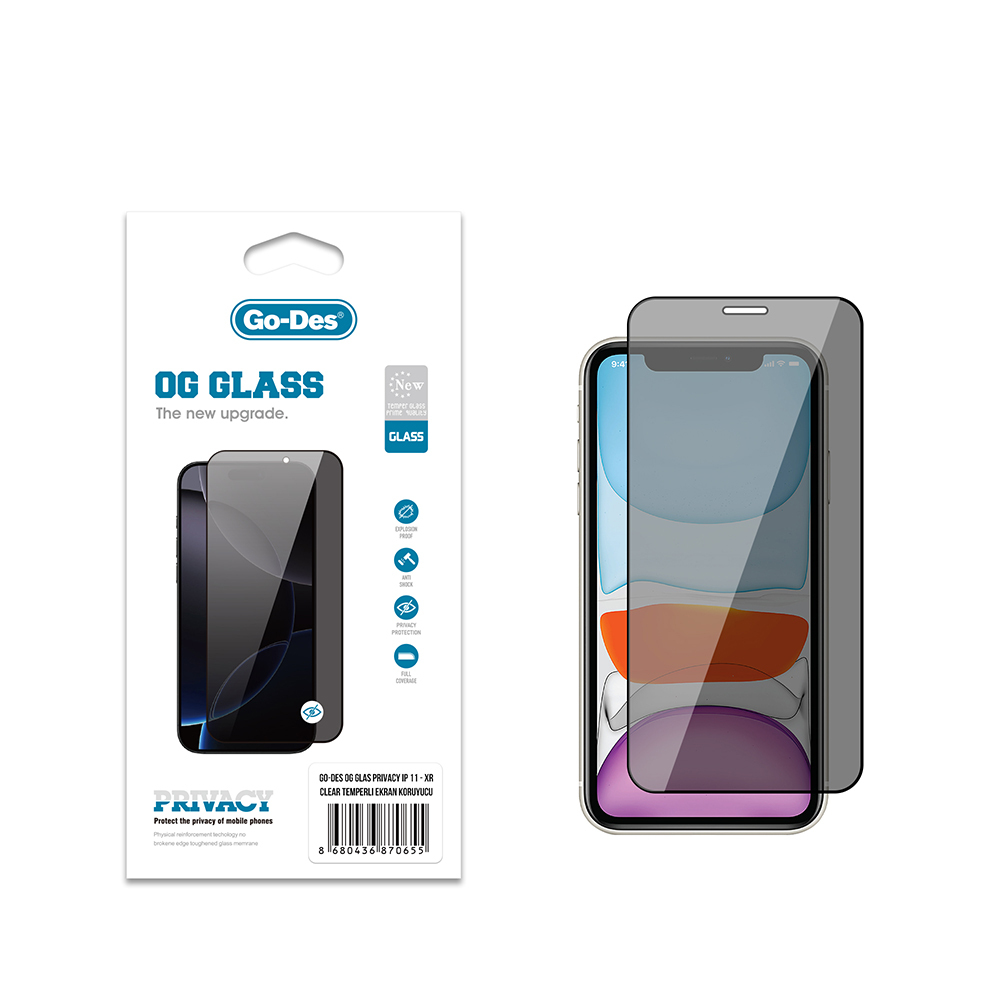 Apple iPhone 11 / XR Go Des OG Glass Privacy Antistatik Temperli Cam Ekran Koruyucu