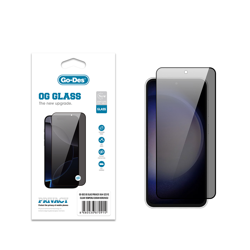 Galaxy S23 FE / A54Go Des OG Glass Privacy Antistatik Temperli Cam Ekran Koruyucu