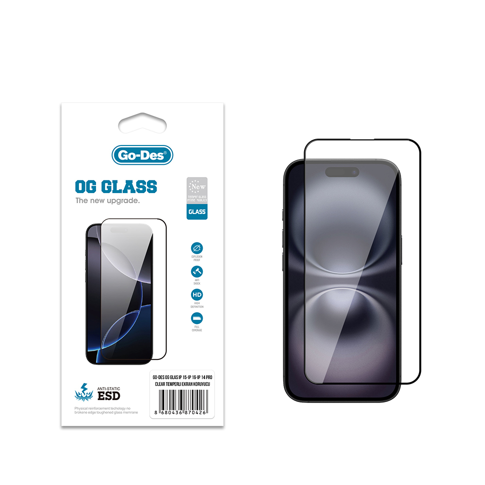 Apple iPhone 16/ 15/ 14 Pro Go Des OG Glass Antistatik Temperli Cam Ekran Koruyucu