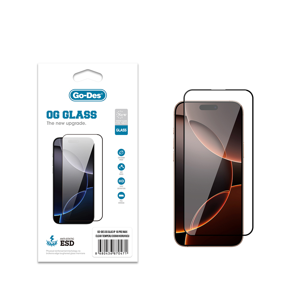 Apple iPhone 16 Pro Max Go Des OG Glass Antistatik Temperli Cam Ekran Koruyucu