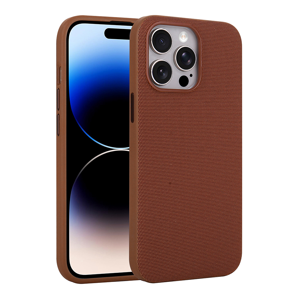 Apple iPhone 14 Pro Max Kılıf M-Safe Şarj Özellikli Kumaş Tasarımlı Zore Miami Sert PC Kapak Kahverengi