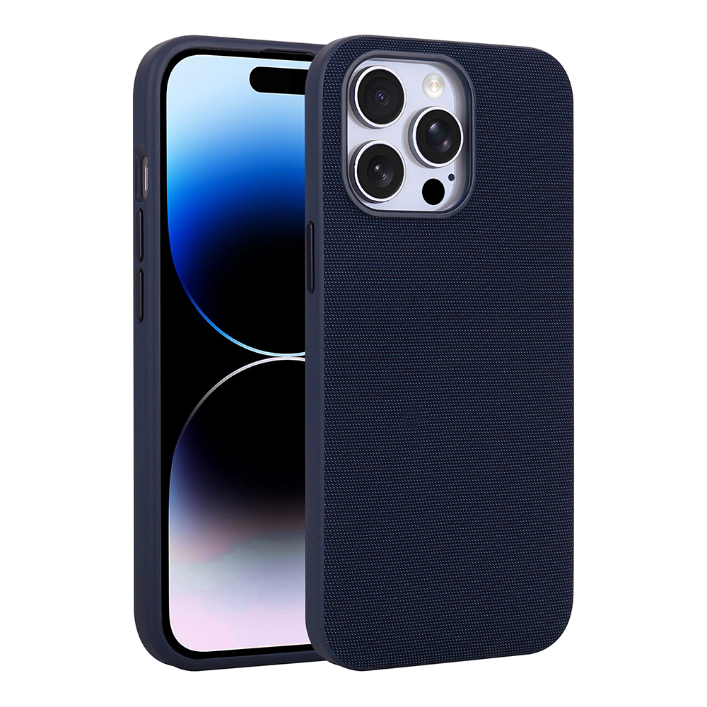 Apple iPhone 14 Pro Max Kılıf M-Safe Şarj Özellikli Kumaş Tasarımlı Zore Miami Sert PC Kapak Lacivert