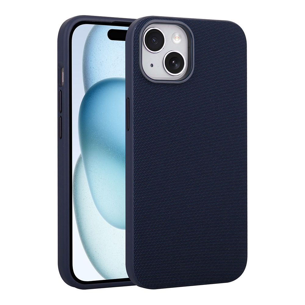 Apple iPhone 15 Kılıf M-Safe Şarj Özellikli Kumaş Tasarımlı Zore Miami Sert PC Kapak Lacivert