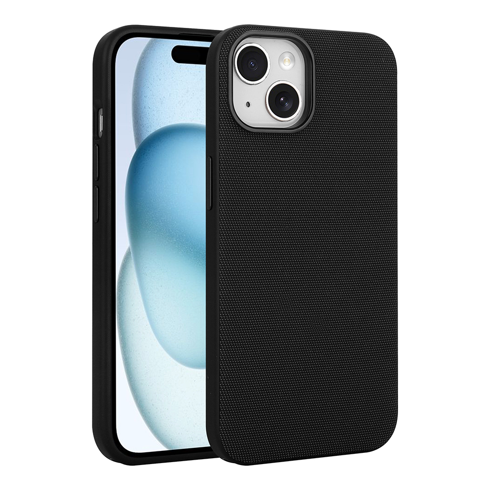 Apple iPhone 15 Kılıf M-Safe Şarj Özellikli Kumaş Tasarımlı Zore Miami Sert PC Kapak Siyah