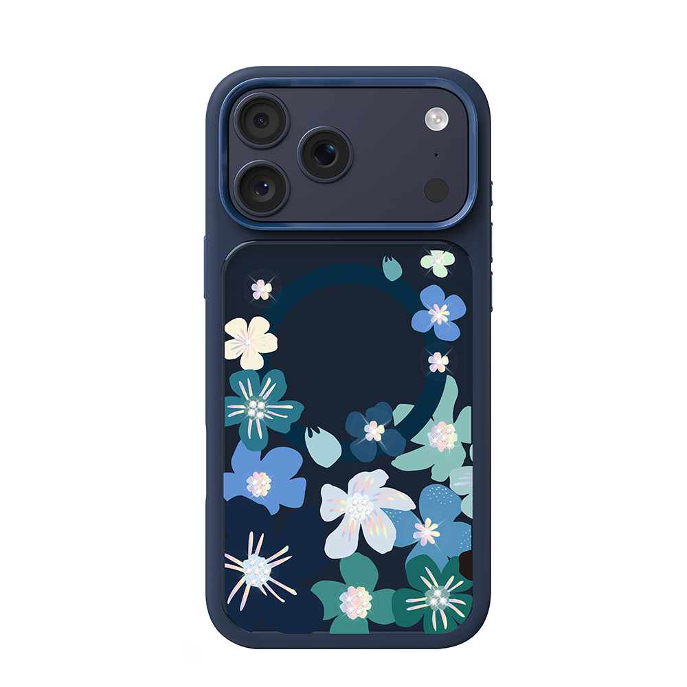 Apple iPhone 17 Pro Kılıf M-safe Şarj Özellikli Çiçek Tasarımlı Mutural Flower Serisi Kapak Lacivert